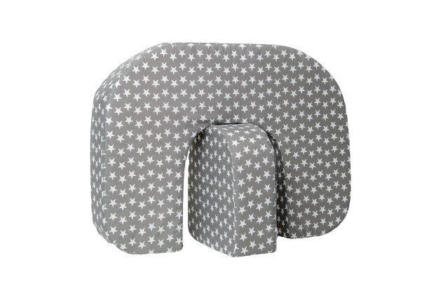 A twin breastfeeding pillow in grey colour with white stars, shown with separate back support cushion.