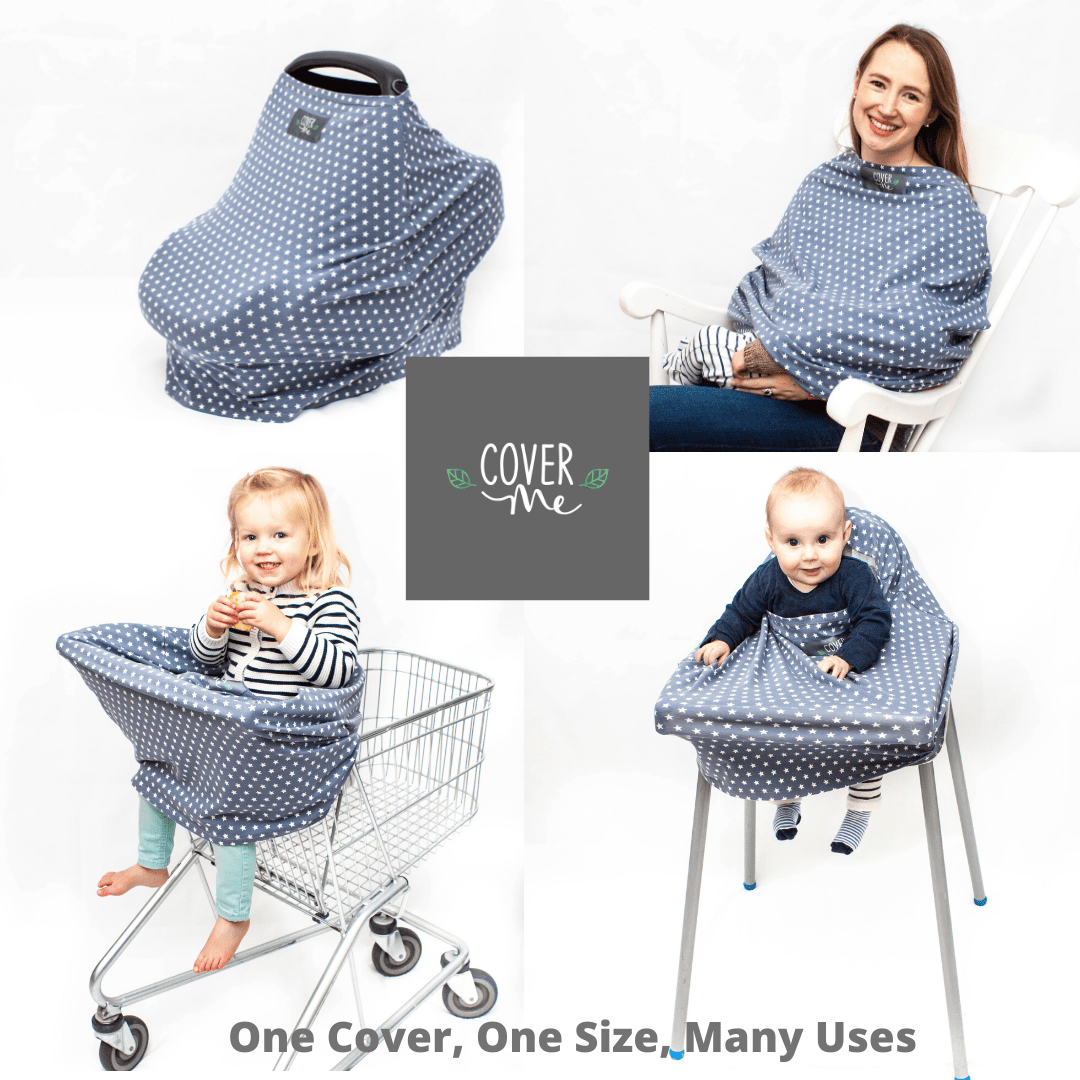 A breastfeeding cover in blue and white dot pattern with a mix range of uses for new mothers.