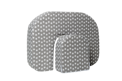 A twin breastfeeding pillow in grey colour with white stars, shown with separate back support cushion.