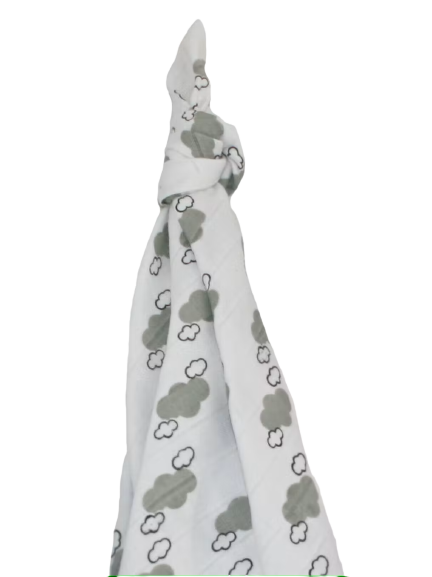 Muslin square cloths for baby in a pattern of grey clouds, made from bamboo and cotton.