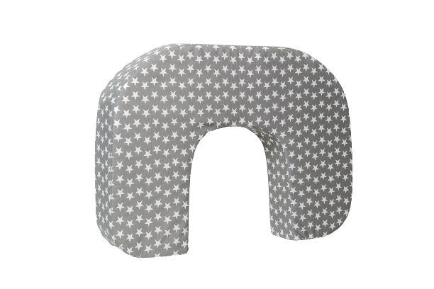 A twin breastfeeding pillow in grey colour with white stars, shown without separate back support cushion.