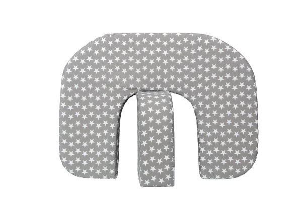 A twin breastfeeding pillow in grey colour with white stars, shown with separate back support cushion.