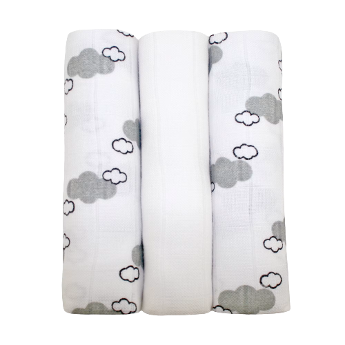Packet of 3 muslin square cloths for baby in a pattern of grey clouds, made from bamboo and cotton.