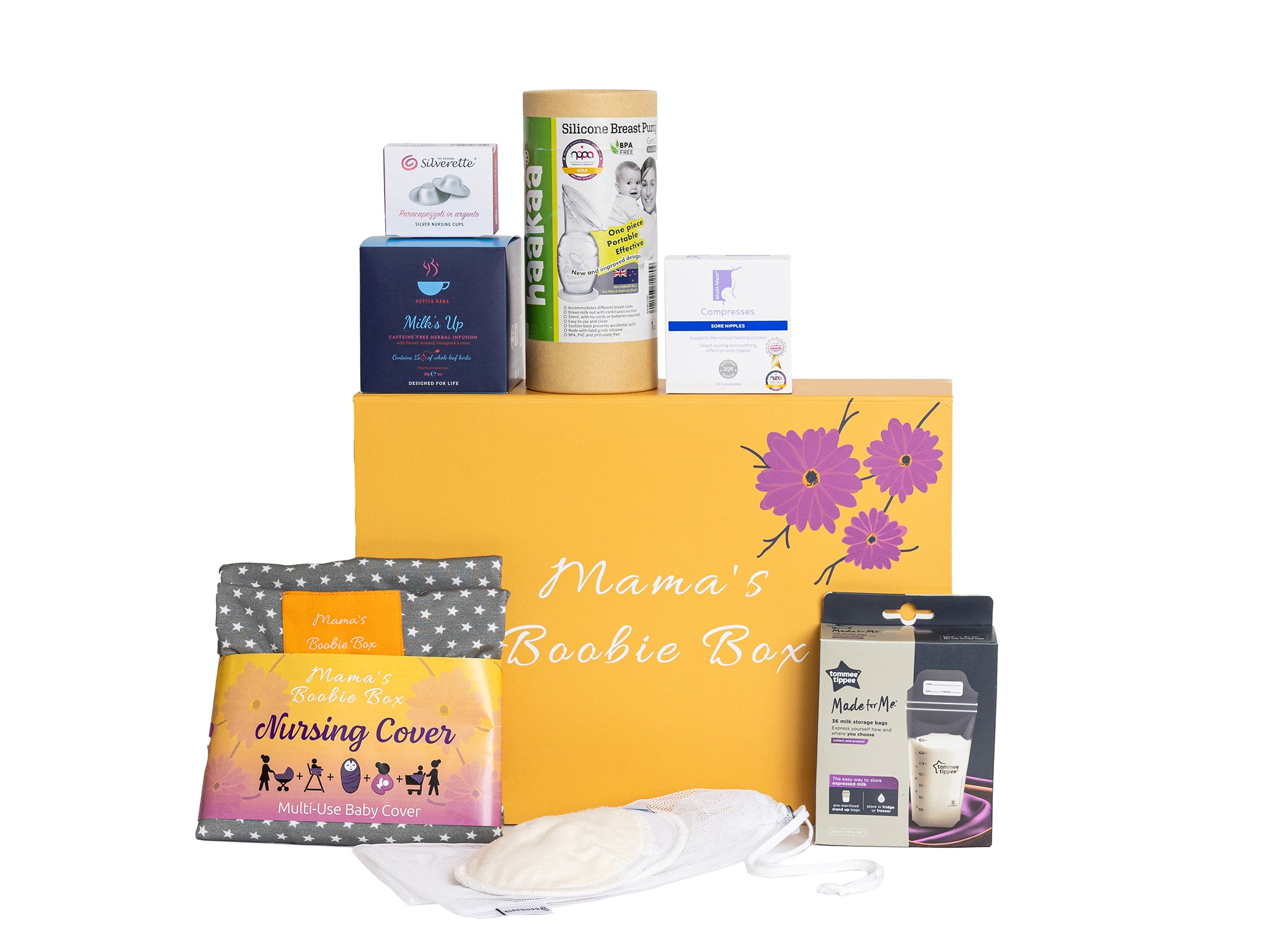 Breastfeeding Gift Box with items displayed at front of box by Mama&