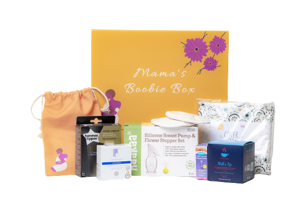 A breastfeeding gift box including a large range of essential products for breastfeeding mums including a breast pump.