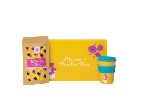 A breastfeeding gift box with a colourful travel cup and a breastfeeding tea to support lactation.
