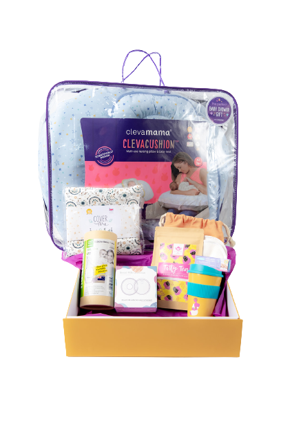 A large breastfeeding gift box including 9 products for breastfeeding mums beautifully packaged in a colourful gift box.