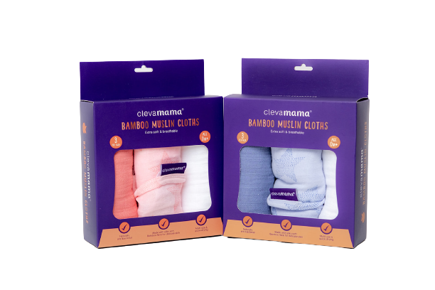 Clevamama Bamboo Muslins are made from bamboo and cotton and are soft to touch, blue and pink colours shown.