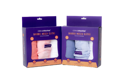 Clevamama Bamboo Muslins are made from bamboo and cotton and are soft to touch, blue and pink colours shown.