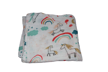 Swaddle Muslin for a baby in a pattern of unicorns, made from cotton.