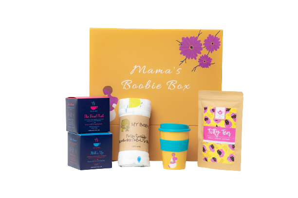 A breastfeeding gift box with 5 great products for breastfeeding, including a range of suitable teas.
