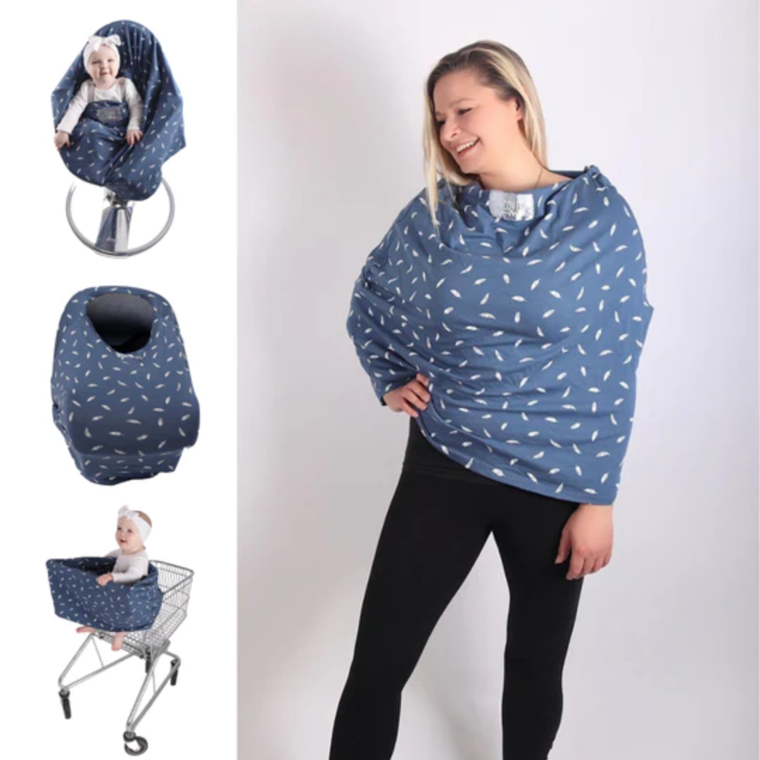 A breastfeeding cover in blue and white dot pattern with a mix range of uses for new mothers.