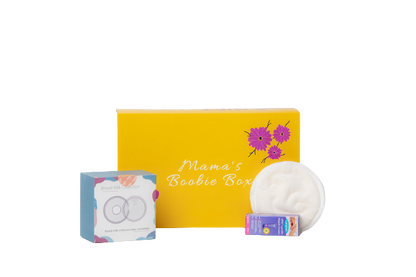 A breastfeeding gift box with 3 products including nipple cream, washable breast pads and milk collection cups.