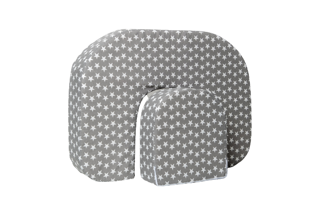 A twin breastfeeding pillow in grey colour with white stars, shown with separate back support cushion.