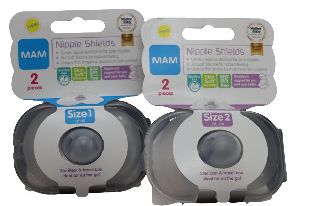Mam Nipple shields can assist with latching a baby to the breast, 2 different sizes are shown.
