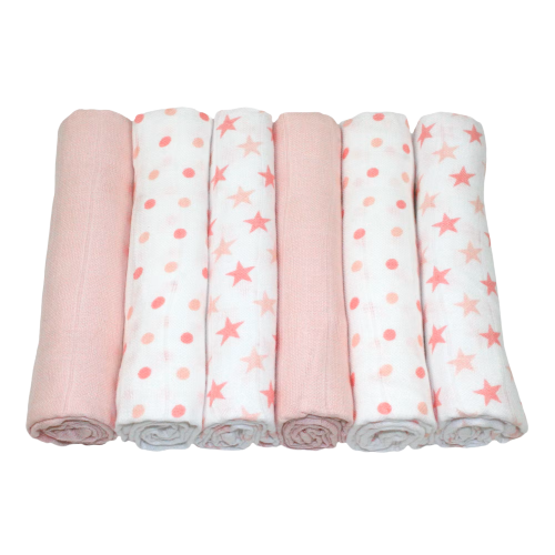 Made of 100% cotton these pink muslin squares are high quality, ultra-absorbent, soft and durable, 6 included.