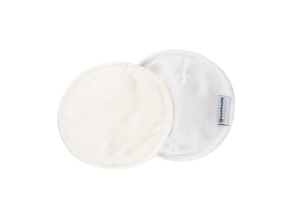 Bamboolik Cotton Washable Breast Pads, two shown which protect your clothes against leaking breast milk.