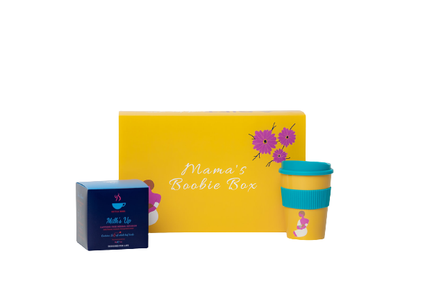A breastfeeding gift box with a colourful travel cup and a breastfeeding tea to support lactation.
