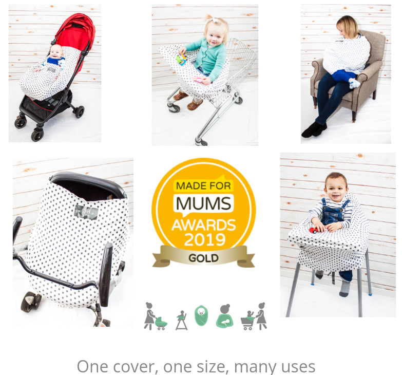 A breastfeeding cover in white and black dot pattern with a mix range of uses, that has won a numerous number of awards