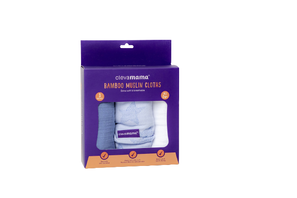 Clevamama Bamboo Muslins are made from bamboo and cotton and are soft to touch, 3 in a box in a blue pattern.