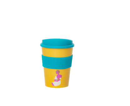 A breastfeeding travel cup for mums that is colourful and holds 300 ml of liquid.