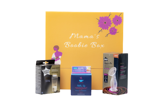 A breastfeeding gift box including nipple cream, lactation tea, breast milk storage bags and a manual breast pump.