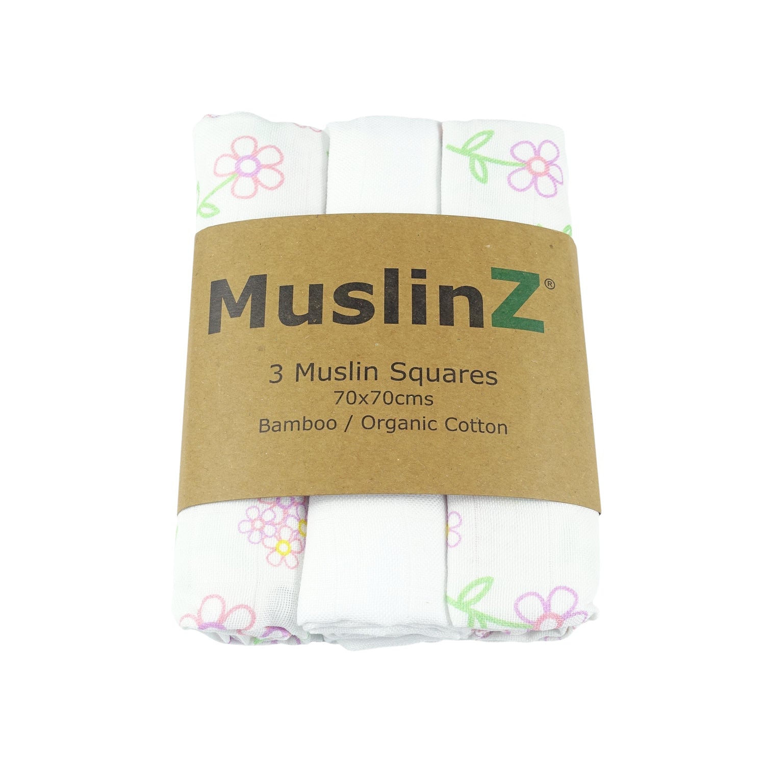 Packet of 3 muslin square cloths for baby in a pattern of flowers, made from bamboo and cotton.